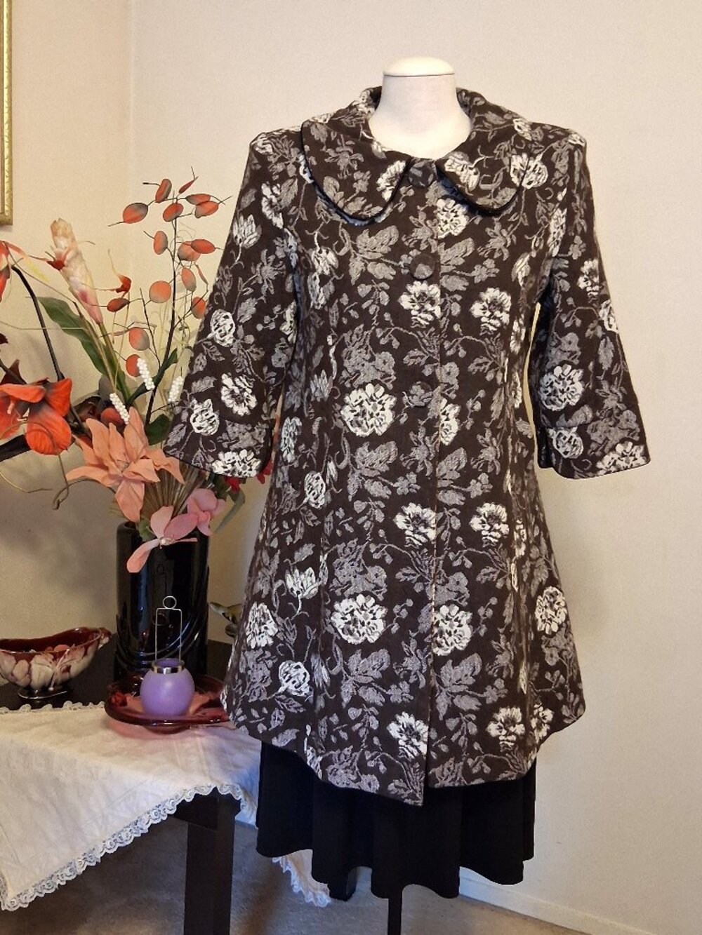 Elegant Floral Pea Coat Lined 100% Cotton Trench Coat Warm Peacoat Outerwear XL